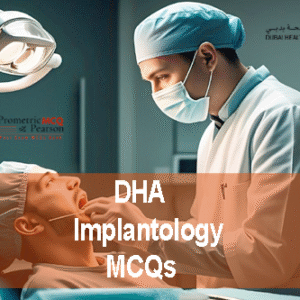 A dentist examining a patient in clinic and advertising DHA Implantology Prometric Licensing Exam MCQs