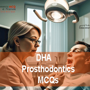 A dentist examining a patient in dental clinic and advertising DHA Prosthodontics Prometric Licensing Exam MCQs