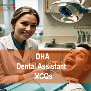 A Dental Assistant examining a patient in clinic and advertising DHA Dental Assistant Prometric Licensing Exam MCQs