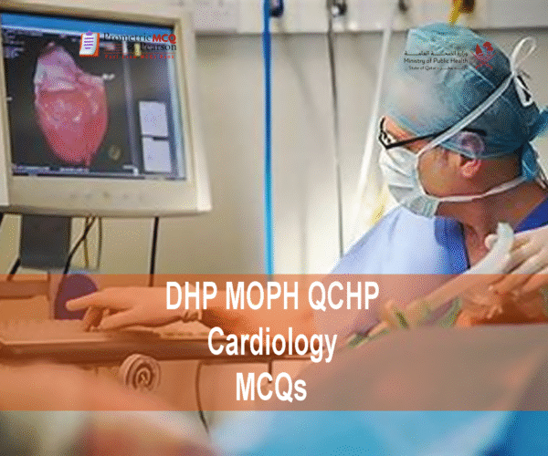 A Cardiologist specialist examining a patient in clinic and advertising DHP MOPH QCHP Cardiology Prometric Licensing Exam MCQs