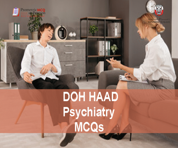 A Psychiatrist with a patient in clinic advertising DOH HAAD Psychiatry Pearson Licensing Exam MCQs