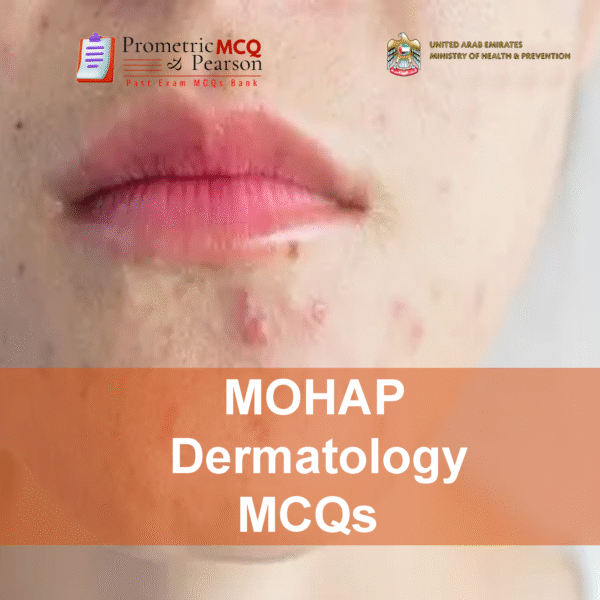 A specialist dermatologist examining a patient in clinic and advertising MOHAP Dermatology Prometric Licensing Exam MCQs