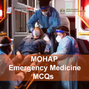 A team of medical professionals in clinic examining a patient in clinic and advertising MOHAP Emergency Medicine Prometric Licensing Exam MCQs