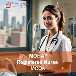 A nurse in clinic advertising MOHAP Nursing Prometric Licensing Exam MCQs