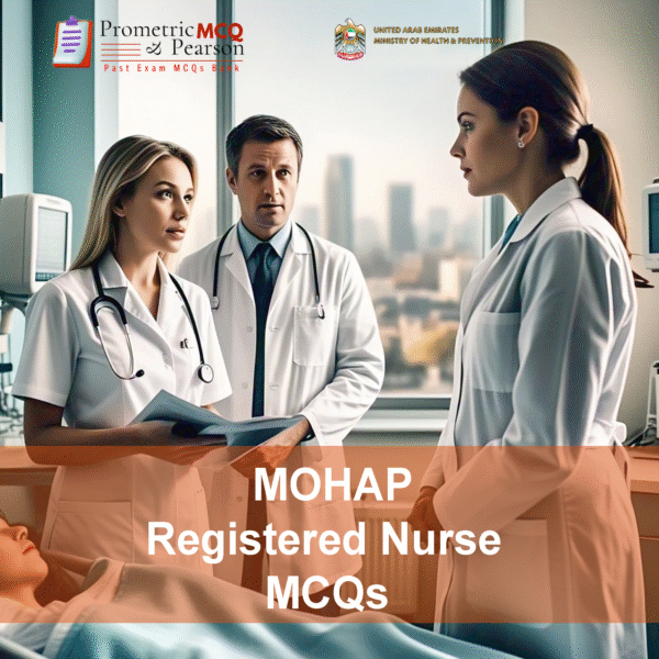 A nurse with doctors in clinic advertising MOHAP Nursing Prometric Licensing Exam MCQs