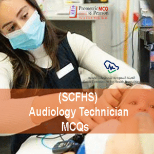 An Audiologist Technician examining a baby patent in clinic and advertising SCFHS Audiology Technician MCQs
