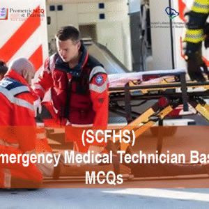 A team of Emergency Medical Technicians with a patient advertising SCFHS Emergency Medical Technician Basic MCQs