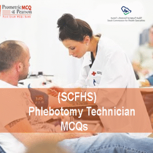 A Phlebotomy Technician examining a patient in clinic and advertising SCFHS Phlebotomy Technician MCQs