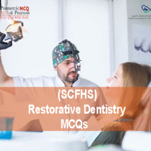 A Specialist Restorative Dentist in dental clinic with a patient advertising SCFHS Restorative Dentistry MCQs