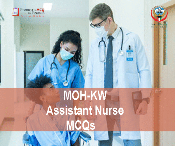 An Assistant Nurse with a doctor examining a patient in clinic and advertising MOH-KW Assistant Nurse Prometric Licensing Exam MCQs