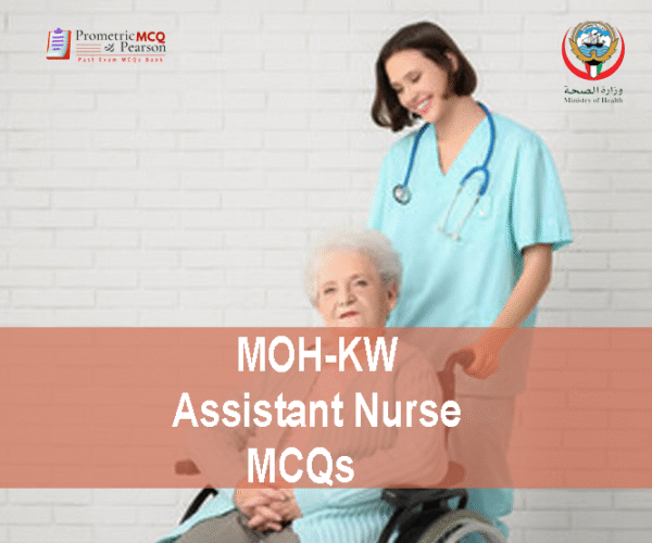 An Assistant Nurse examining an old patient in clinic and advertising MOH-KW Assistant Nurse Prometric Licensing Exam MCQs