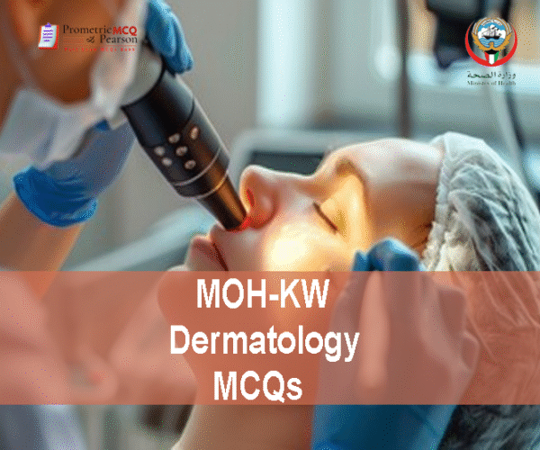 A Specialist Dermatologist Examining a patient in clinic and advertising MOH-KW Dermatology Prometric Licensing Exam MCQs