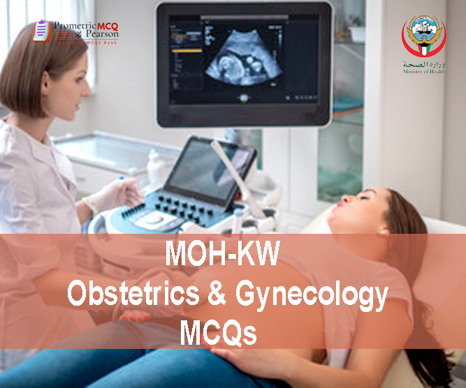 A Specialist Doctor examining a pregnant patient in clinic and advertising MOH-KW Obstetrics & Gynecology MCQs