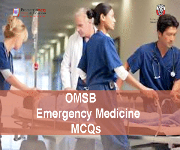 An Emergency Medicine specialist with staff examining a patient in hospital & advertising OMSB Emergency Medicine Pearson Licensing Exam MCQs