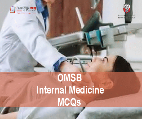 An Internal Medicine Specialist examining a patient in clinic and advertising OMSB Internal Medicine Pearson Licensing Exam MCQs