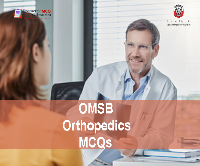 An Orthopedic surgeon with a patient in clinic advertising OMSB Orthopedics Pearson Licensing Exam MCQs