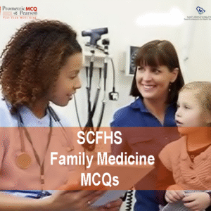 A Family Medicine Specialist Doctor with a baby patent and a mother in clinic advertising SCFHS Family Medicine MCQs