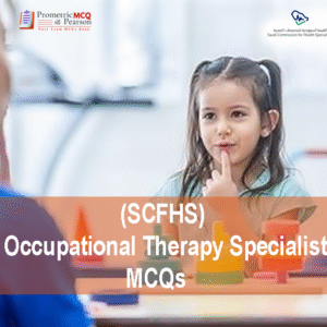 A medical professional with a baby in clinic advertising SCFHS Occupational Therapy Specialist MCQs