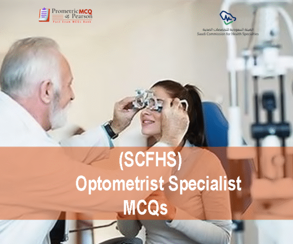 An Optometrist Specialist examining a patient in clinic and advertising SCFHS Optometrist Specialist MCQs