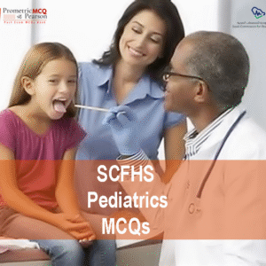 A specialist Pediatric doctor examining a baby patient with her mother and advertising SCFHS Pediatrics MCQs